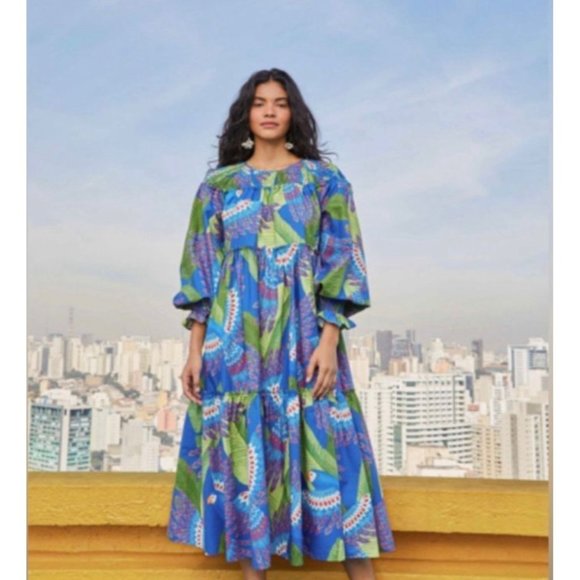 FARM Rio Dresses & Skirts - Farm Rio Women’s Tropical Dress Size L Blue Macaw long Sleeve MIDI Maxi